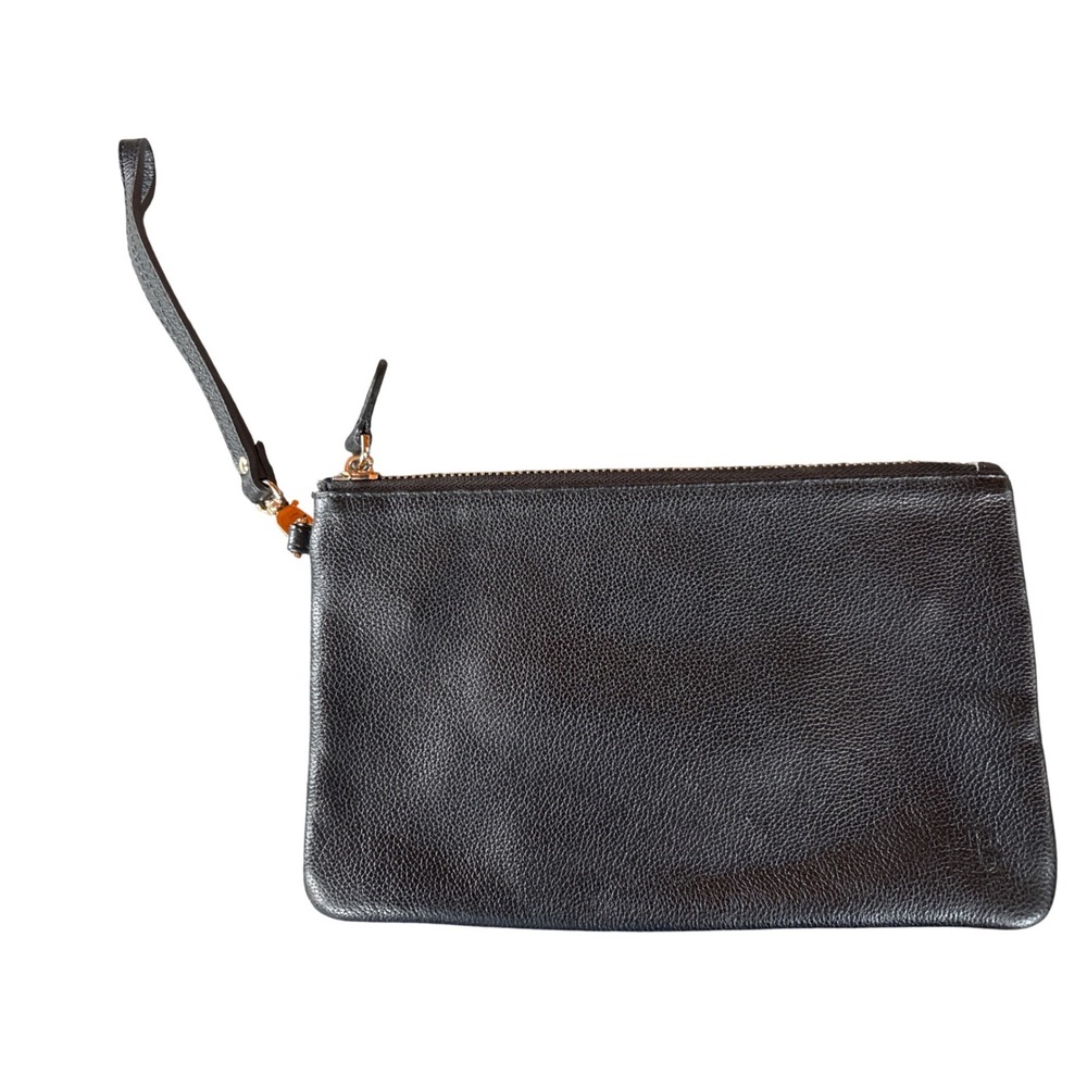 HButler Black Pebbled Leather Wristlet Clutch Gold Hardware Zip Pouch HB Logo
